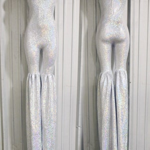 Silver on White Shattered Glass Stilting Costume with Turtle neck, back zipper, sleeveless, & leggings fit through thigh, and full cut legs