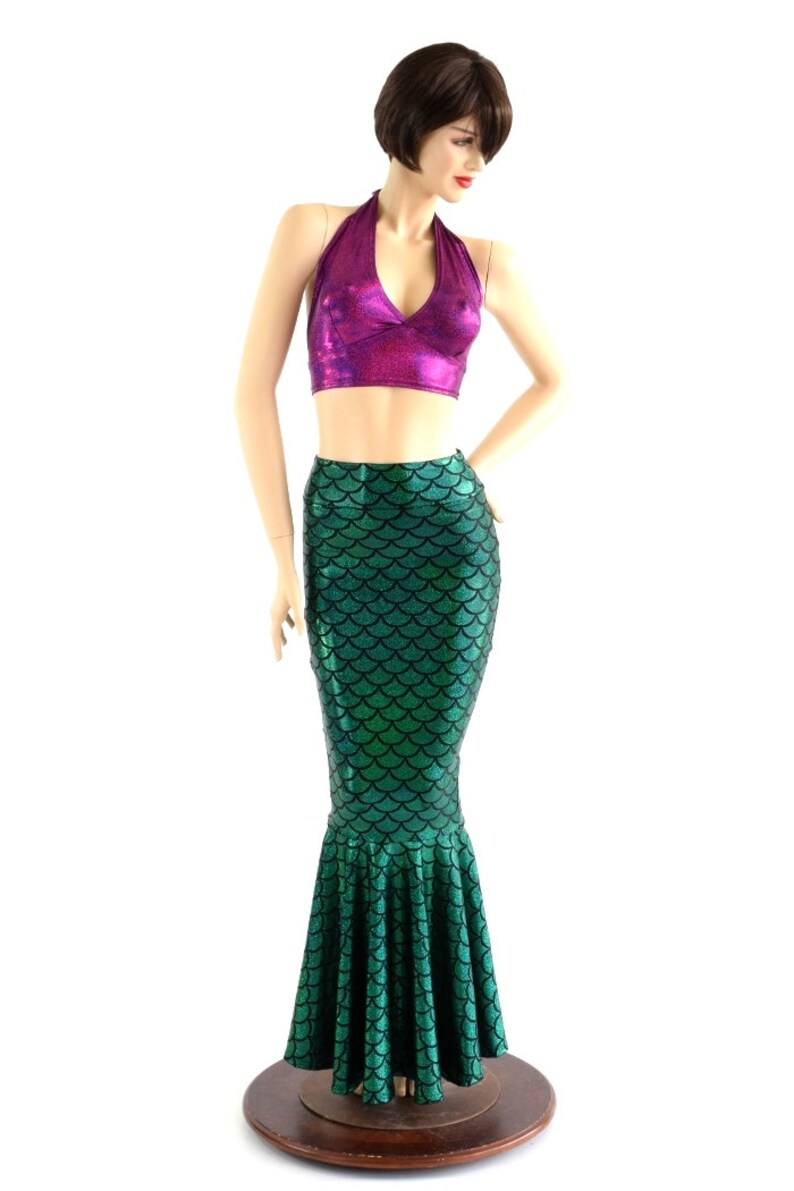 2PC Mermaid Skirt & Tie Back Halter Set in Emerald Green and Fuchsia Sparkly Jewel Ariel Little Mermaid Costume 152881 image 5
