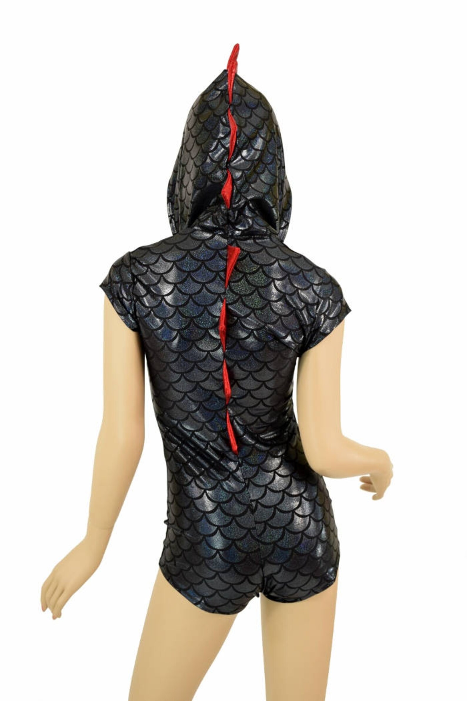 Black Dragon Scale Cap Sleeve Hoodie Romper With Red Etsy