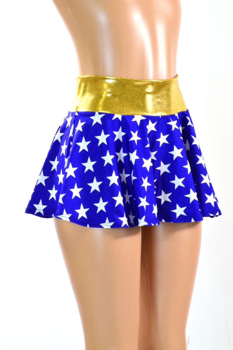 Blue & White Star Print Circle Cut Super Hero Mini Skirt with Gold Waist Band 150900 image 1