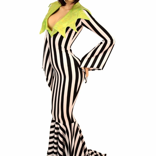 Black & White Vertical Stripe Gown with Lime Holographic Demonica Collar Neckline, Pixie Sleeves and Puddle Train  - 155477