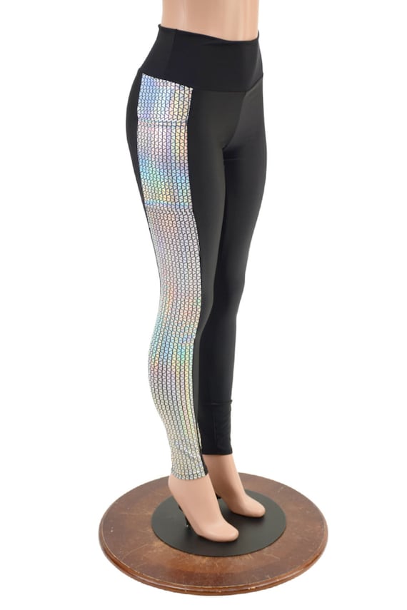 High Waist Smooth Black Spandex Leggings With Prism Holographic