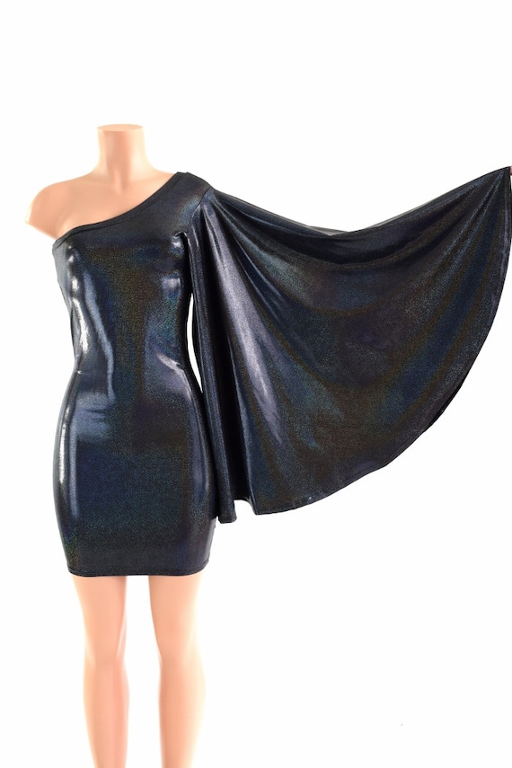 Black Holographic One Shoulder Fan Sleeve Bodycon Dress in Stretchy Spandex  - Etsy