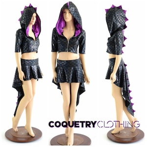 2PC Black Dragon Zipper Front Half Sleeve Crop Hoodie with Purple Fish Scale Spikes & Hood Liner and Matching Dragon Tail Skirt 152882