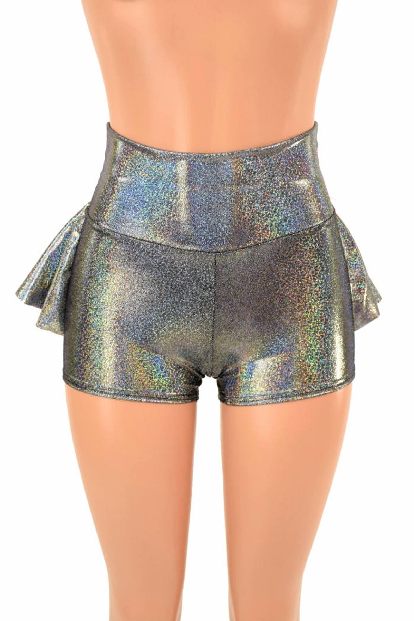 Silver Holographic High Waist Ruffle Rump Metallic Sparkly Spandex ...