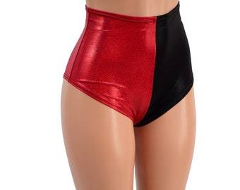 Harlequin High Waist Siren Shorts in Red Sparkly Jewel and Black Mystique -