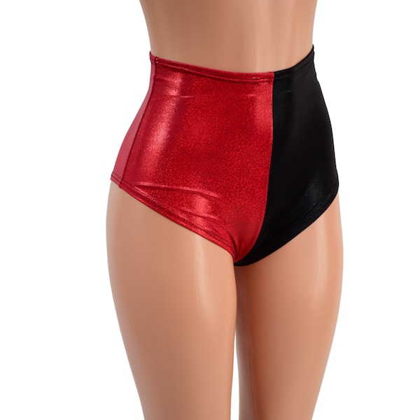 Harlequin High Waist Siren Shorts in Red Sparkly Jewel and Black Mystique -