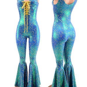 Retro Rainbow Striped Bell Bottom Tank Catsuit in Neon Pink main image 1
