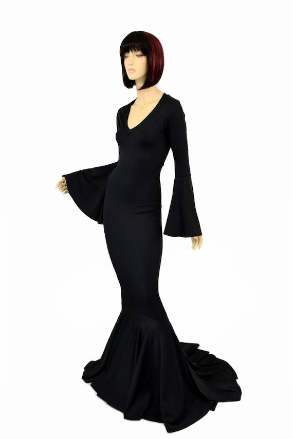 Smooth & Curvy Black Spandex Morticia V-neck Gown With Trumpet Sleeves and  Puddle Train - Etsy