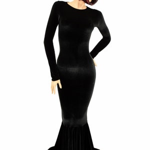 Bewitching Long, Black Velvet Gown with Crew Neckline, Long Sleeves and Puddle Train - 154345