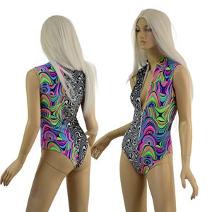 Sleeveless Zipper Front Stella romper, Left side in GLOW WORM, right side Distortion Velvet.  White zipper