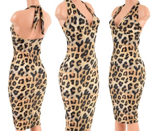 Leopard Print Wiggle Dress with Halter Neckline