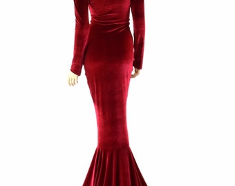 Red Velvet Gown with Scoop Neckline, Long Sleeves and Puddle Train   -151547