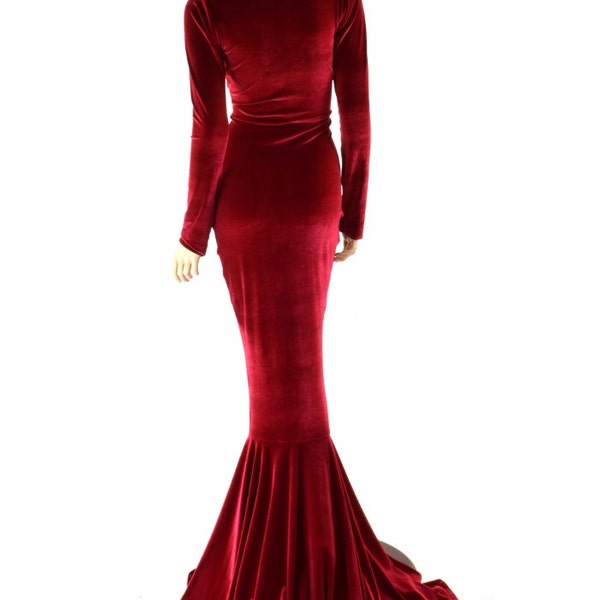 Red Velvet Gown with Scoop Neckline, Long Sleeves and Puddle Train   -151547