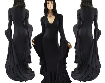 Black Zen Morticia Puddle Train Gown with V Neck and Sorceress Sleeves  156978