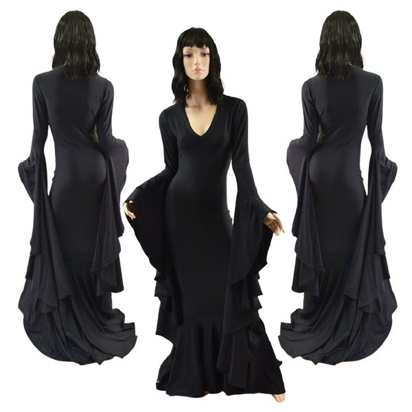 Black Zen Morticia Puddle Train Gown with V Neck and Sorceress Sleeves