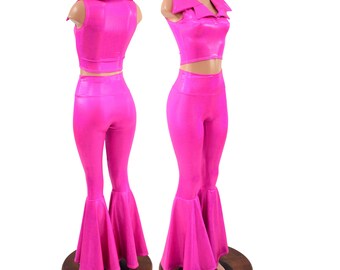 Neon Pink Bell Bottom Flares and Sleeveless Crop Top with Showtime Collar