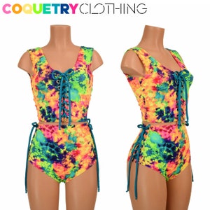 2PC Acid Splash Lace Up Tank Style Crop Top and Lace Up Siren Shorts with Peacock Blue Holographic Ties -