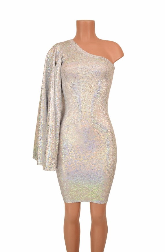 Silver on White Shattered Glass One Shoulder Fan Sleeve Bodycon Dress in  Stretchy Spandex - Etsy