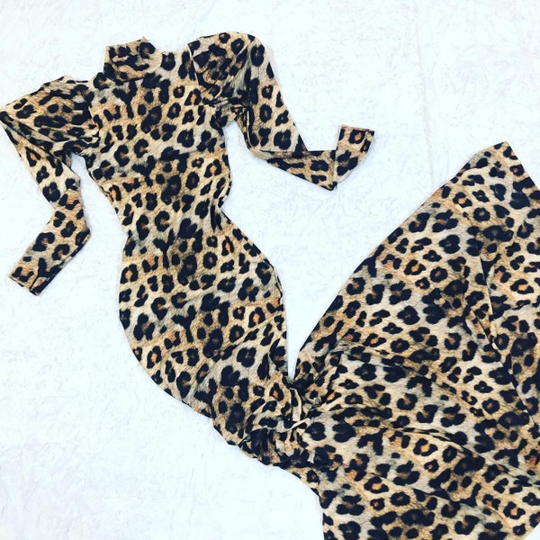 Leopard Print Turtle Neck Puddle Train Gown with Puffed "Victoria" Sleeves -