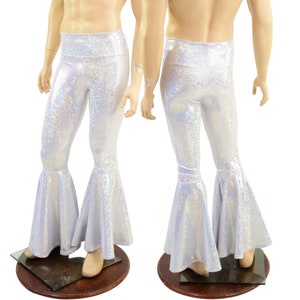 Mens Bell Bottom Flared Leggings in White Kaleidoscope Holographic - 1580997