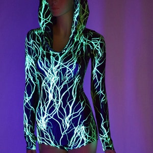 Neon UV Glow Green Lightning Print Long Sleeve Hoodie Romper with Green Lightning Hood Lining and Boy Cut Leg  152311