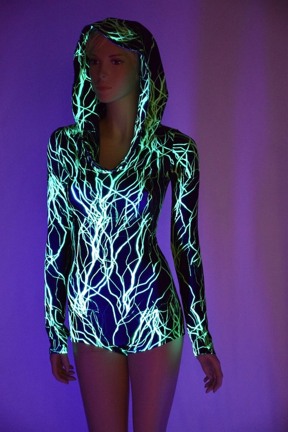 Neon UV Glow Green Lightning Print Long Sleeve Hoodie Romper With