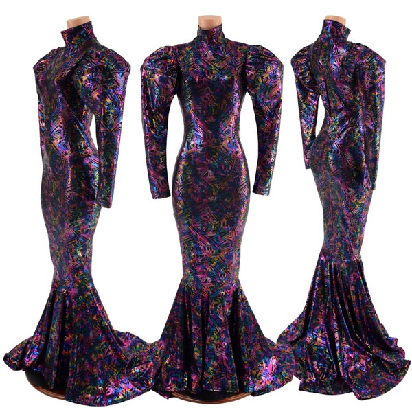 Cyberspace Print Puddle Train Gown with Victoria Sleeves, Turtleneck, and Back Zipper 157629