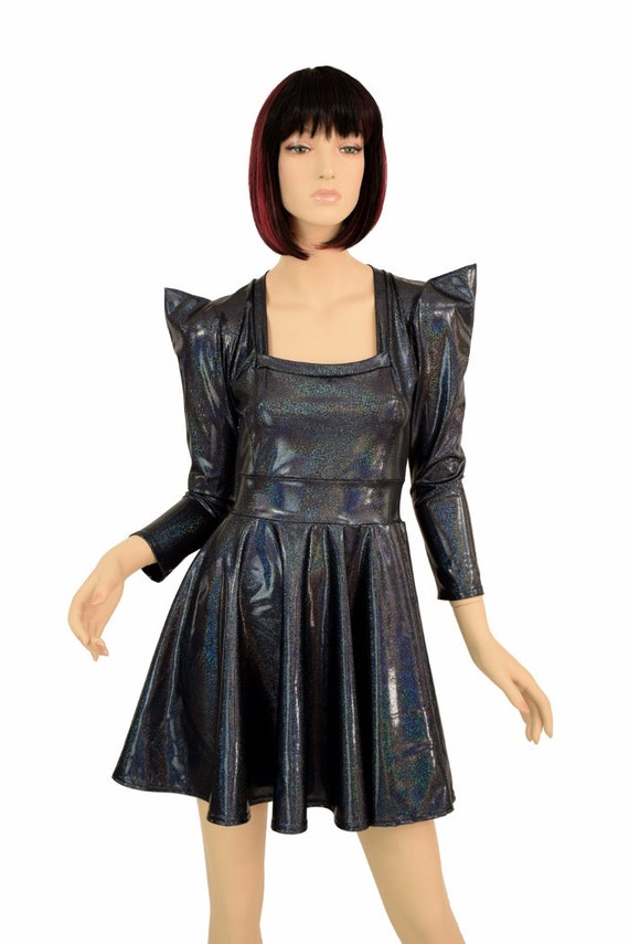 Buy Black Holographic Square Neckline 3/4 Sleeve Sharp Shoulder Pointy Sleeve Fit and Flare Skater Dress Online in India - Etsy Buy Black Holographic Square Neckline 3/4 Sleeve Sharp Shoulder Pointy Sleeve Fit and Flare Skater Dress Online in India - Etsy