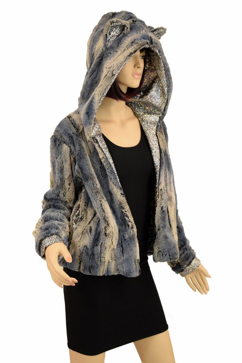 Minky Faux Fur Short Jacket With Cat Ears & Silver on Black Etsy