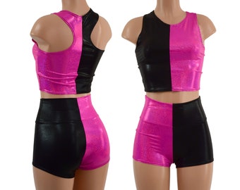 Harlequin Racerback Crop with Crew Neck and High Waist Shorts Set in Pink Sparkly Jewel and Black Mystique 157943