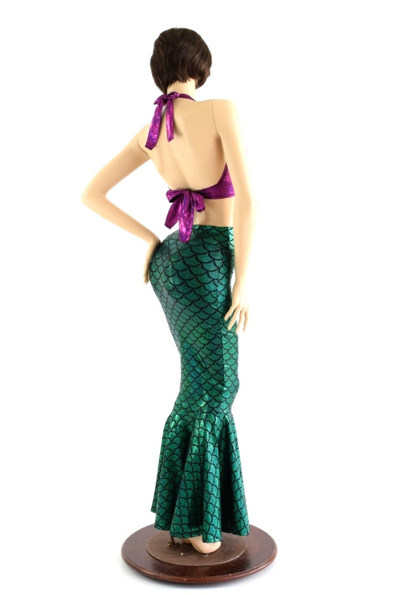 2PC Mermaid Skirt & Tie Back Halter Set in Emerald Green and Fuchsia Sparkly Jewel Ariel Little Mermaid Costume 152881 image 2