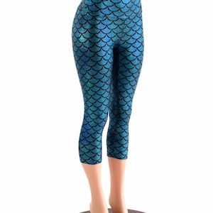 High Waist Turquoise Mermaid Capri Leggings Mermaid or Dragon Scale - 153904