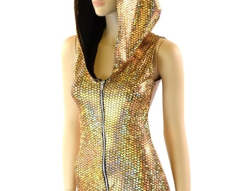 Gold Fish Scale Zippered Holographic Sleeveless Hoodie Romper with Black Zen Hood Liner and Boy Cut Leg  -151558