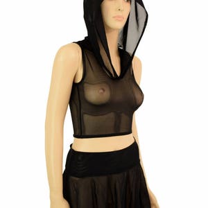 Sheer Stretch Mesh See Through Sleeveless Crop Hoodie & Mini Skirt Set   -151115