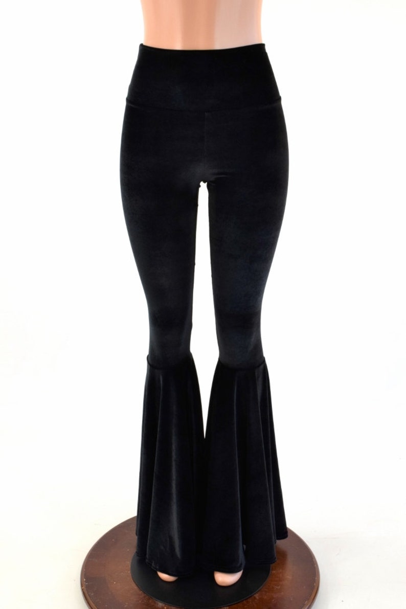 Black Velvet Bell Bottom Flares Leggings with High Waist /& Stretchy Spandex Fit 154122