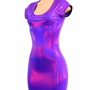 Holographic Grape Purple Metallic Bodycon Clubwear Dress with Cap Sleeves   -150252
