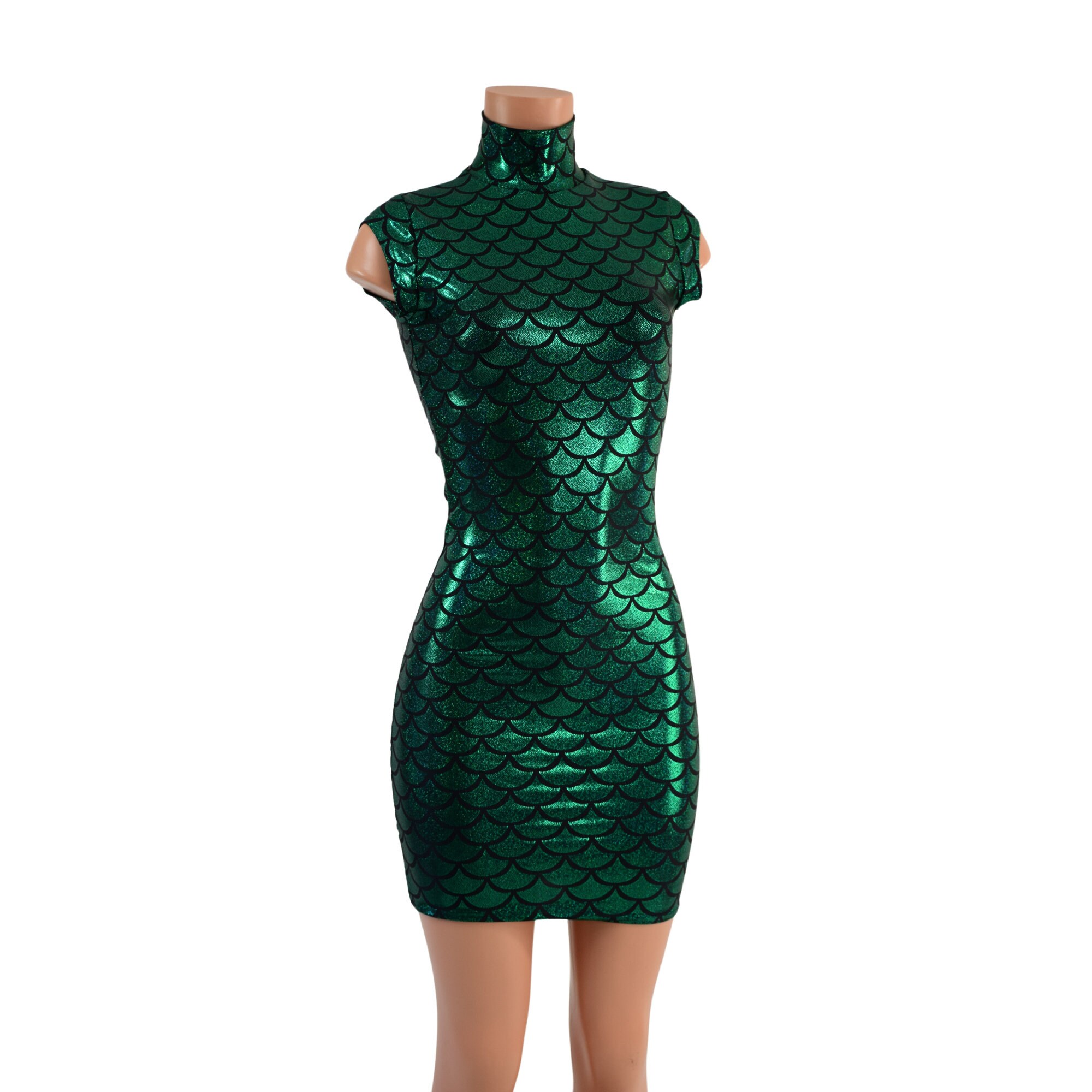 Green Dragon Scale "celia" Bodycon Dress With Turtle Neck and Mini Cap  Sleeves - - Etsy