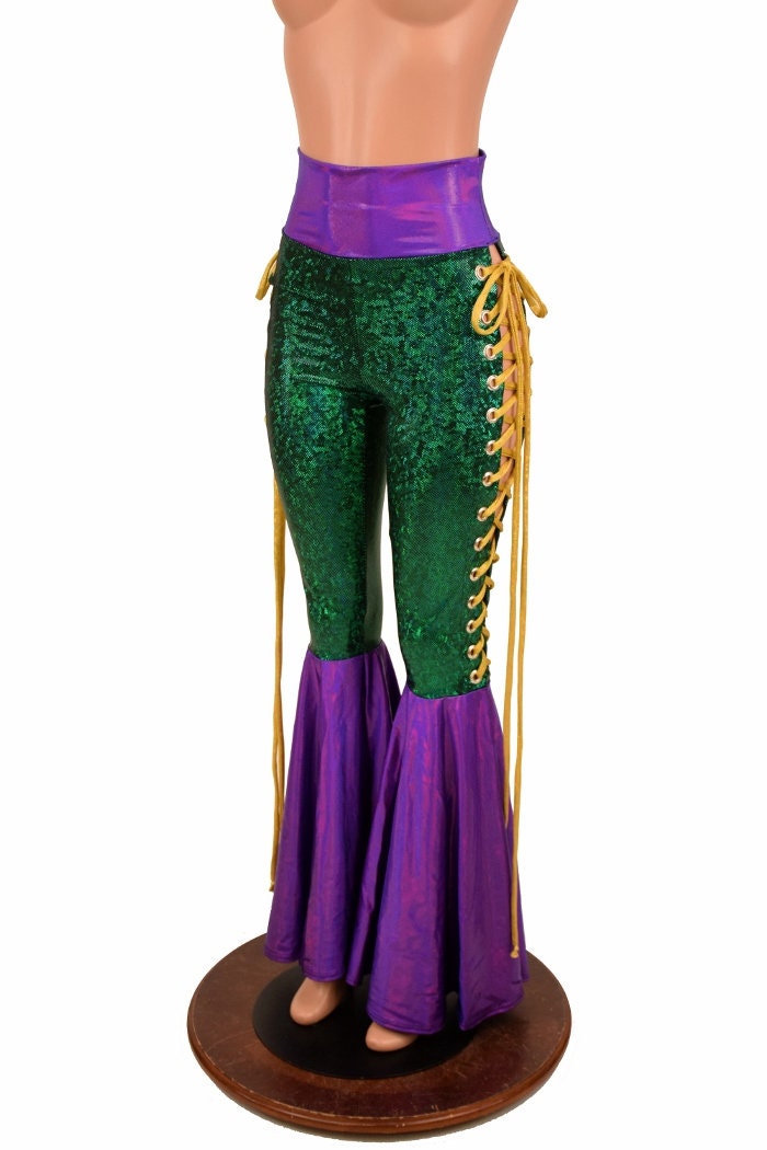 Mardi Gras Bell Bottom Flares w/ LaceUp Sides, Green Kaleidoscope w/ Grape Holo Waistband & Flares, EXTRA long Gold Kaleidoscope Ties 156681