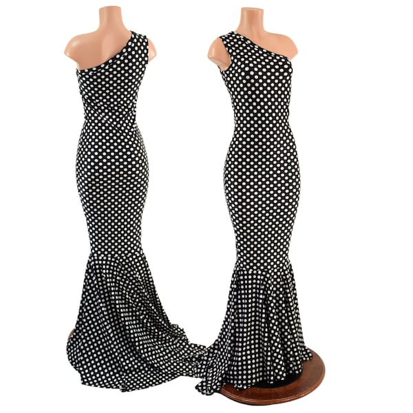 Black and White Polka Dot Sleeveless One Shoulder Gown with Puddle Train - Tank strap on right shoulder, sleeveless left.  158022