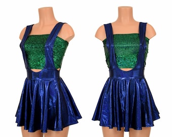 2PC "Plumber Brother" Green Kaleidoscope Tube Top & Blue Sparkly Jewel Suspender Mini Skirt Set -