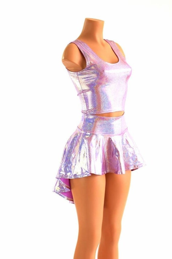 3PC Rave Outfit Lilac Purple Sparkly Jewel Holographic Crop Tank, Hi Lo  Skirt & Cheeky Booty Shorts152434 
