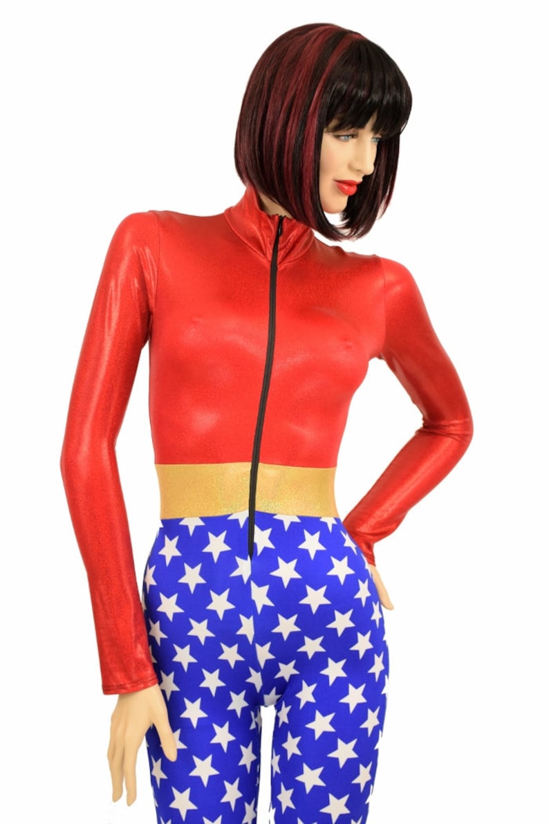 156285 Wonder Woman Inspired Turtle Neck Front Zipper Long Sleeve Catsuit in Blue /& White Star Gold SJ Waistband Red Top