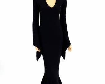 Morticia V-Neck Gown in Black Zen with Long Pixie Sleeves and Puddle Train  154633