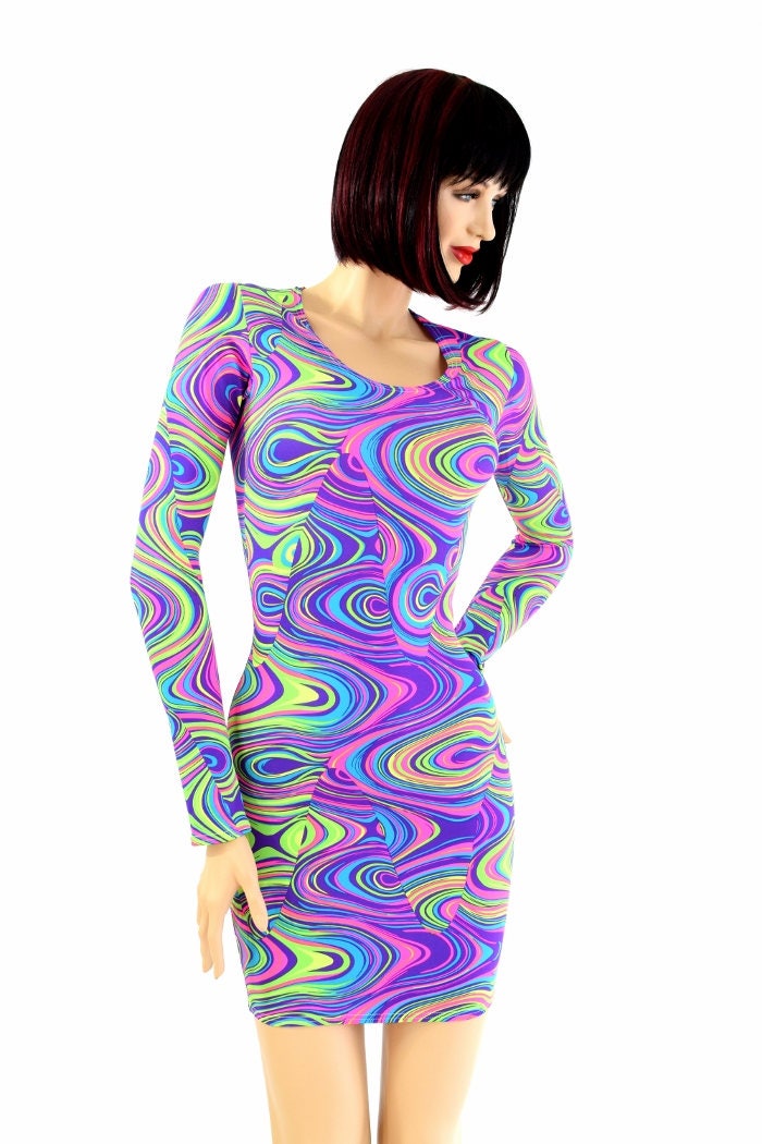 NEON UV Glow Worm Print Long Sleeve Bodycon Dress E8041 | Etsy