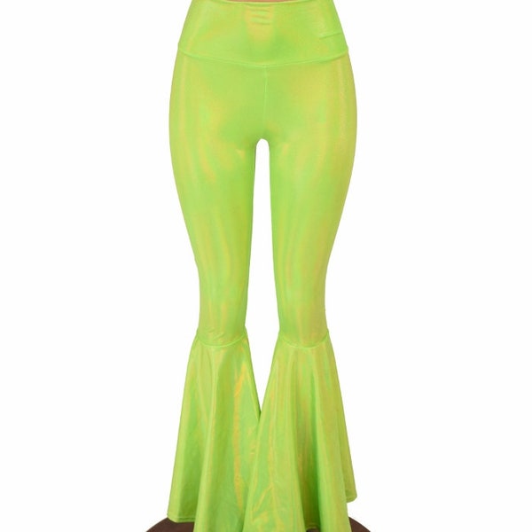 Lime Green Holographic Bell Bottom Flares Leggings with High Waist & Stretchy Spandex Fit - 155616