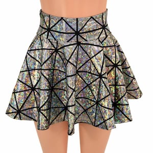 Silver on Black Cracked Tile Metallic Holographic Circle Cut Mini Skirt  - 155483