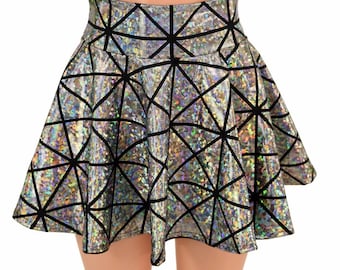 Silver on Black Cracked Tile Metallic Holographic Circle Cut Mini Skirt  -