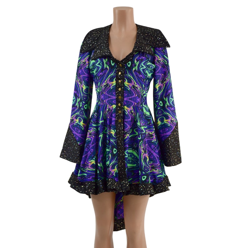 May include: A black and purple dress with a swirling pattern and gold buttons. The dress has a high collar and long sleeves with a ruffled hem.
