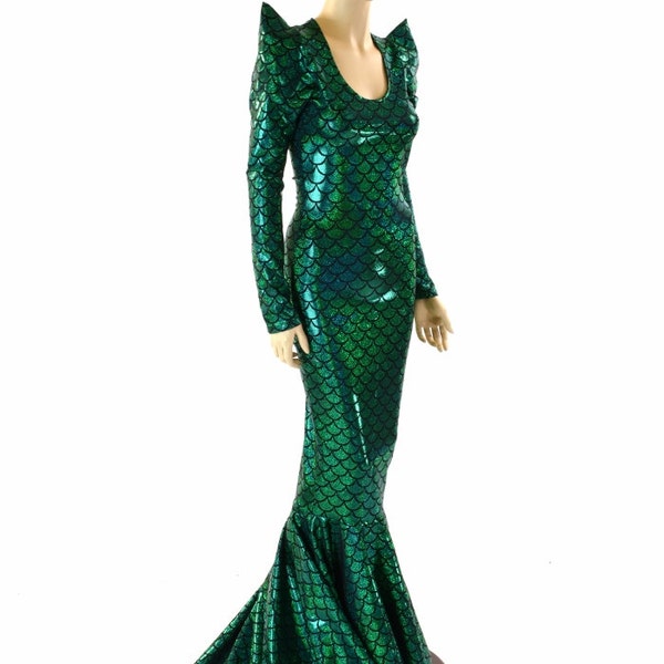 Glamorous, Bombshell Green Dragon Scale Sharp Shoulder Gown  with Scoop Neckline, Long Sleeves and Puddle Train   152420